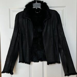 Guess Black Leather Jacket with Faux Fur Trim